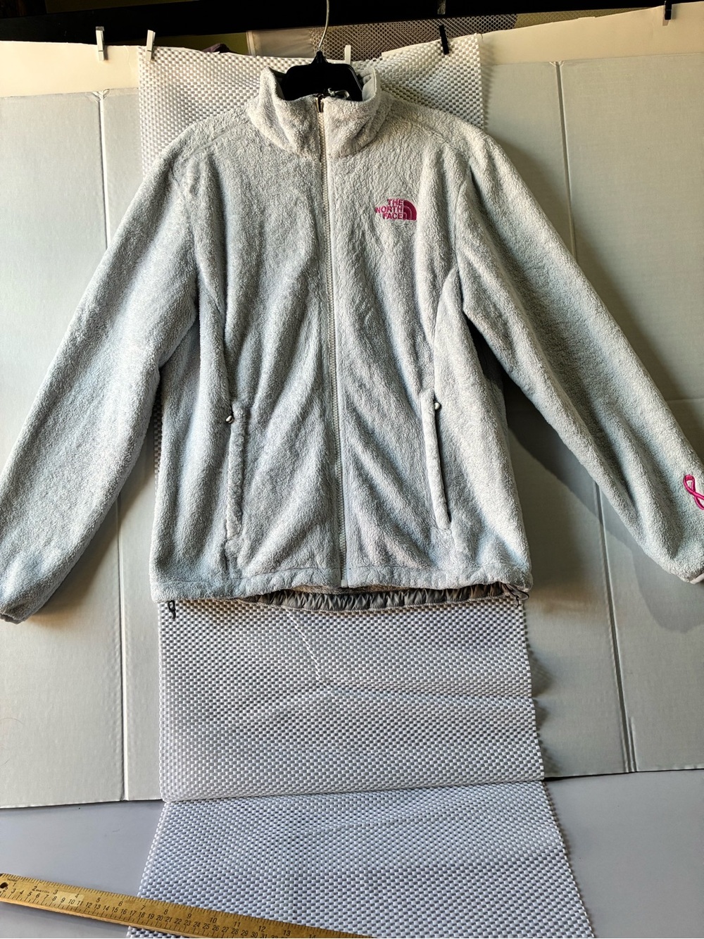 The North Face Light Gray Kids' Fleece Jacket with Pink Logo